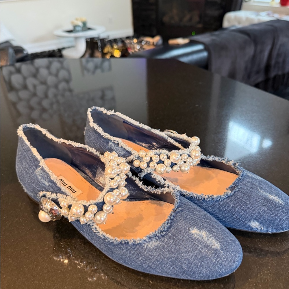 Miu Miu Denim Flats with Pearl Accents